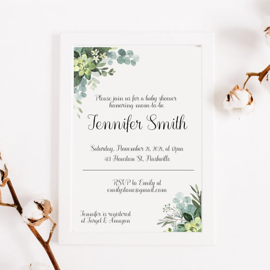 Minimal Greenery Baby Shower Invitation Template, Luxury Baby Shower, Elegant Invitation Template, Editable Download