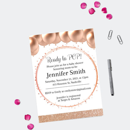 Blush Balloons Baby Shower Invitation Template, Rose Gold Luxury Girl Baby Shower, Ready to Pop, Editable Download