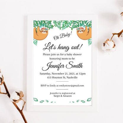 Cute Sloth Baby Shower Invitation Template, Fun Gender Neutral Baby Shower Invitation, Editable Download Template