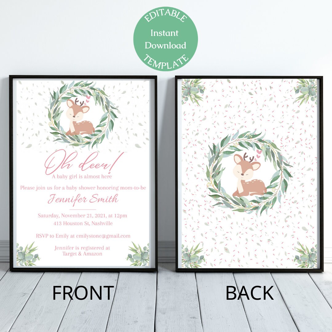 Deer Baby Shower Invitation Template, Greenery Wreath, Pink Baby Deer Girl Theme, Editable Download