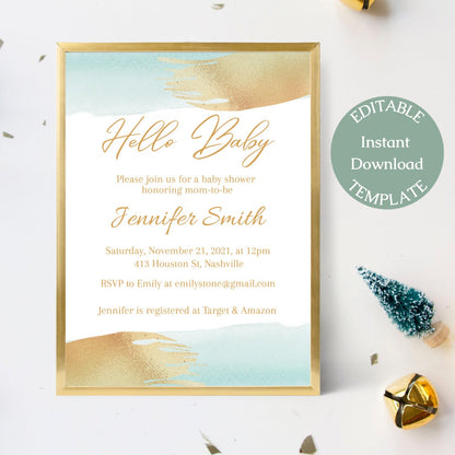 Minimal Baby Shower Invitation Template, Blue Gold Boy Baby Shower Invitation, Printable Template, Elegant Invite