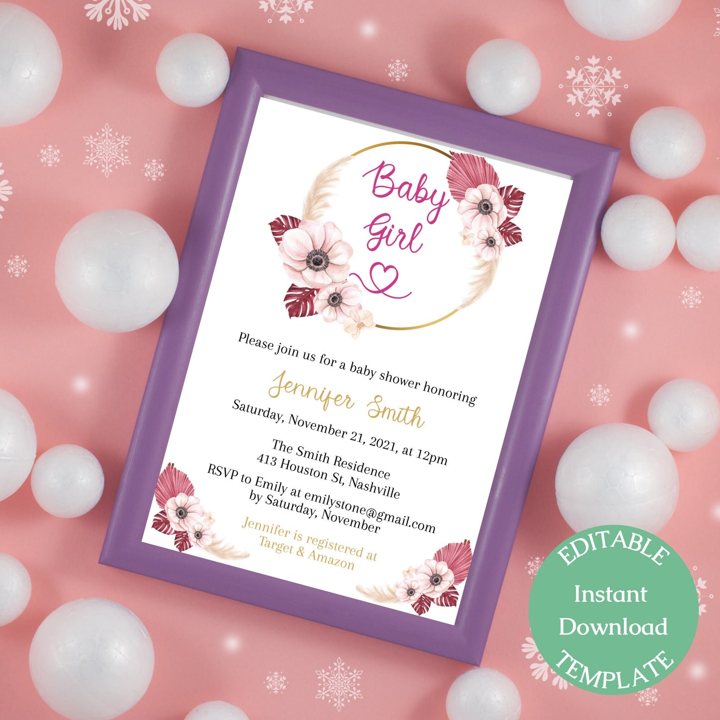 Boho Pampas Baby Shower Invitation Template, Bohemian Baby shower Girl Invite, Elegant Magenta, Editable Download