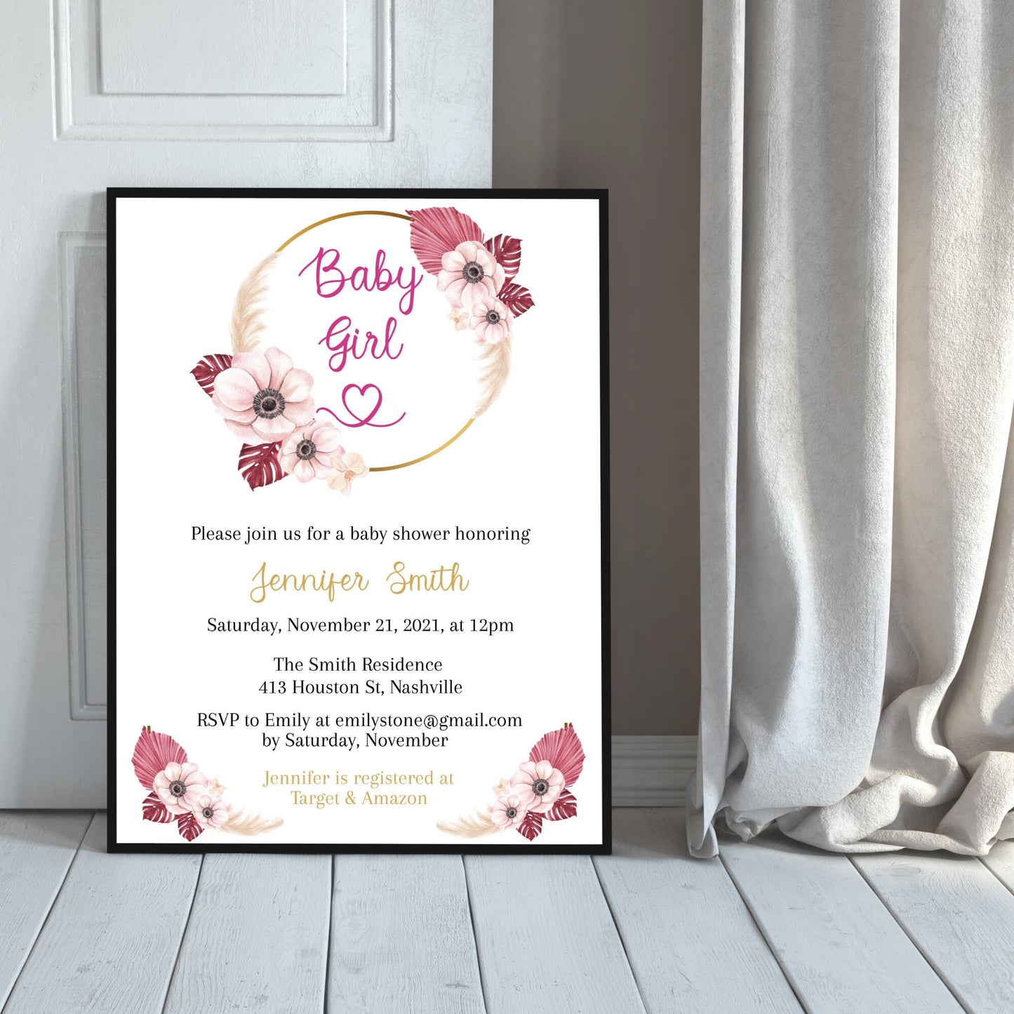 Boho Pampas Baby Shower Invitation Template, Bohemian Baby shower Girl Invite, Elegant Magenta, Editable Download