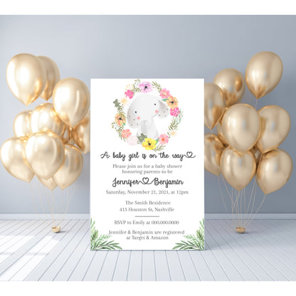 Elephant Baby Shower Invitation Template, Elegant Girl Flower Baby Shower, Editable Template Instant Download