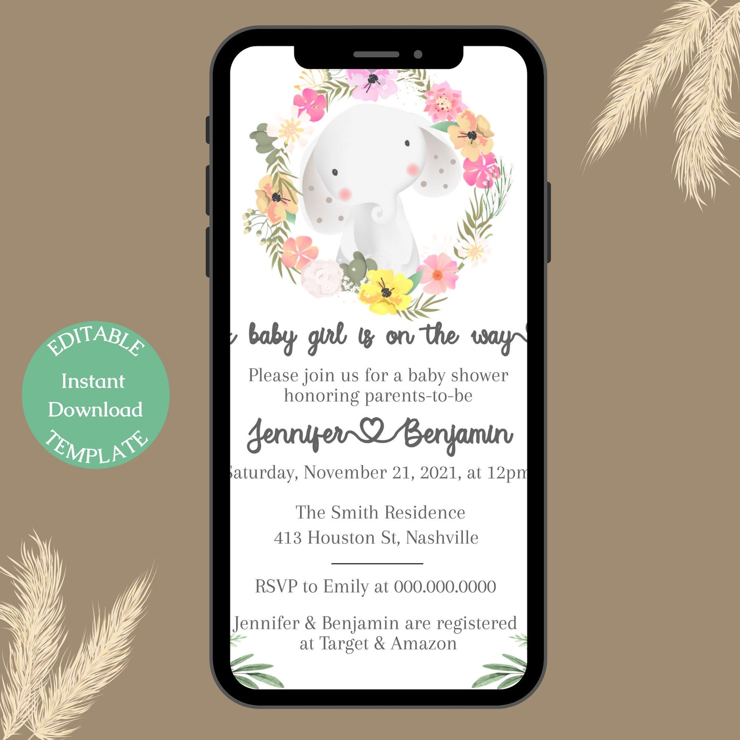 Elephant Baby Shower Invitation Template, Elegant Girl Flower Baby Shower, Editable Template Instant Download