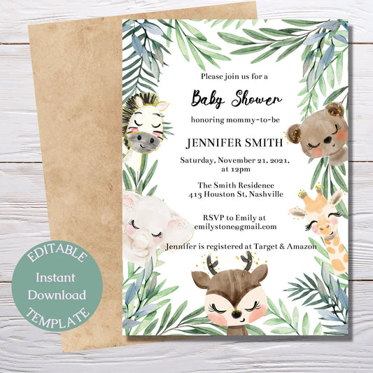 Jungle Baby Shower Invitation Template, Cute Greenery Jungle Animals Baby Shower, Editable Template, Instant Download