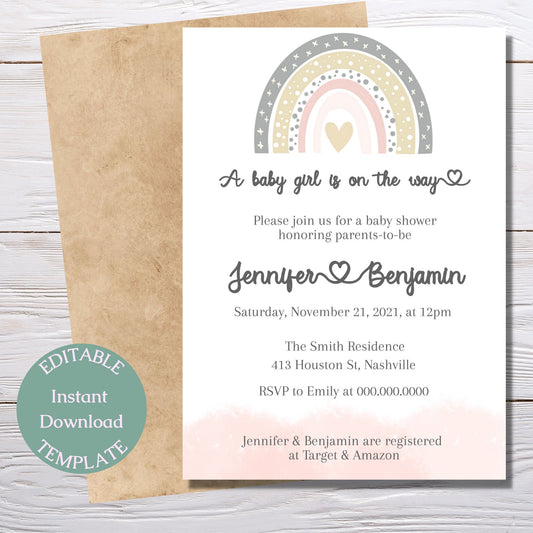 Rainbow Baby Shower Invitation Template, Cute Girl Baby Shower Invitation, Editable Template, Instant download