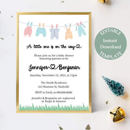 Hanging Laundry Baby Shower Invitation Template, Hanging Clothes, Gender Neutral Baby Shower, Editable Download