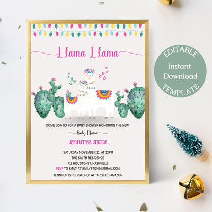 Llama Baby Shower Invitation Template, Llama Fiesta Baby Shower, Girl Shower Invite, Editable Template, Instant Download