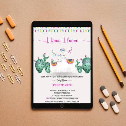 Llama Baby Shower Invitation Template, Llama Fiesta Baby Shower, Girl Shower Invite, Editable Template, Instant Download