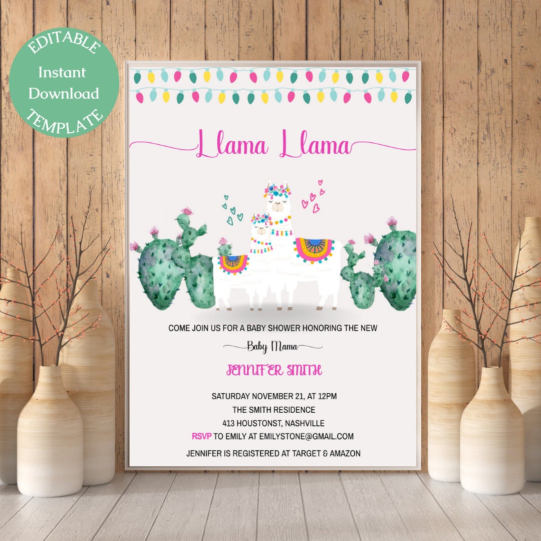 Llama Baby Shower Invitation Template, Llama Fiesta Baby Shower, Girl Shower Invite, Editable Template, Instant Download