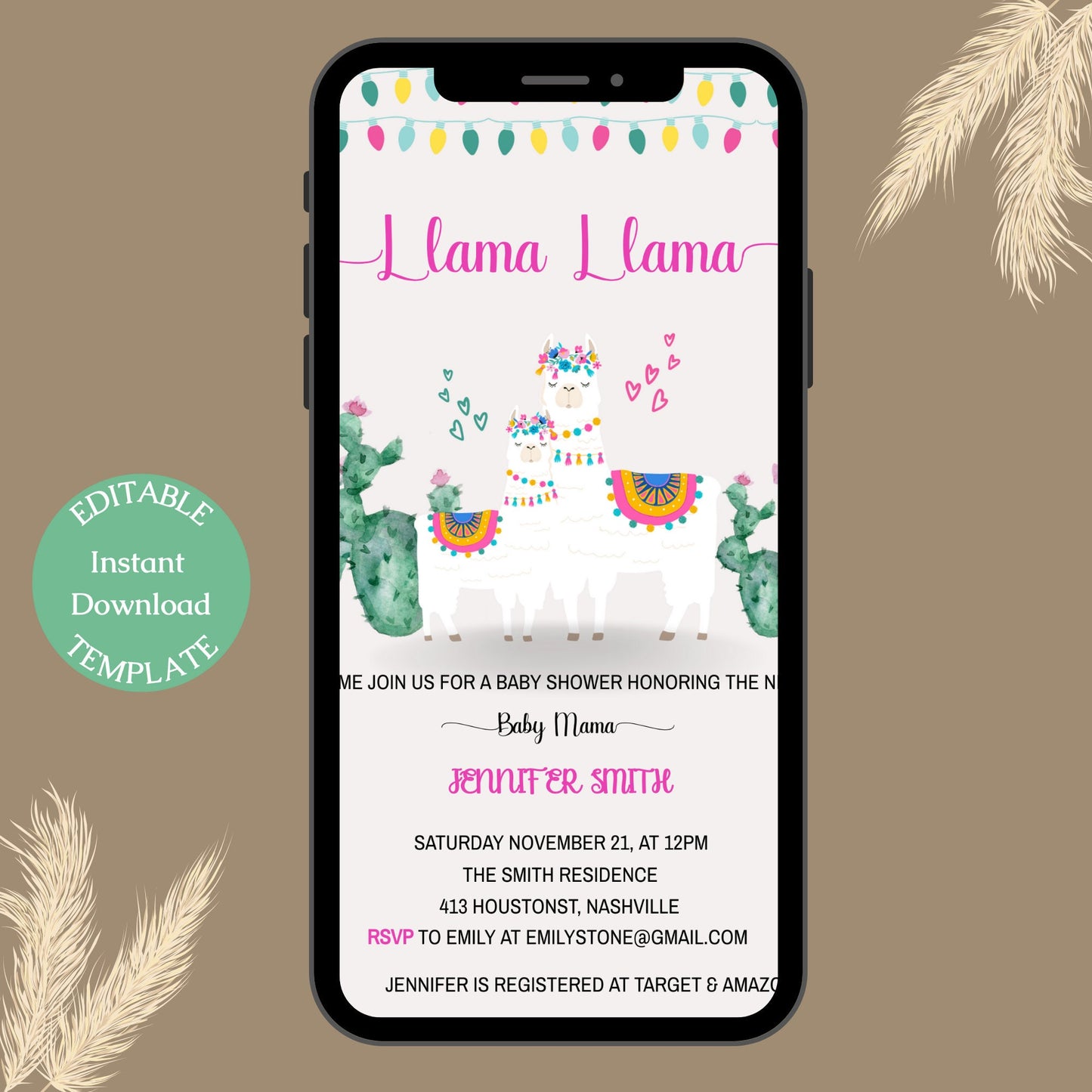 Llama Baby Shower Invitation Template, Llama Fiesta Baby Shower, Girl Shower Invite, Editable Template, Instant Download