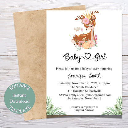 Elegant Deer Baby Shower Invitation Template, Modern Girl Baby Shower Invitation, Editable Template, Instant Download