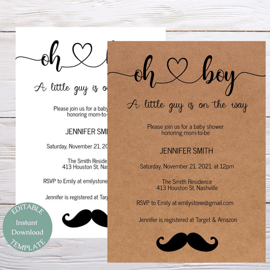 Oh Boy Mustache Baby Shower Invitation Template, Modern Elegant Boy Baby Shower, Editable Instant Download