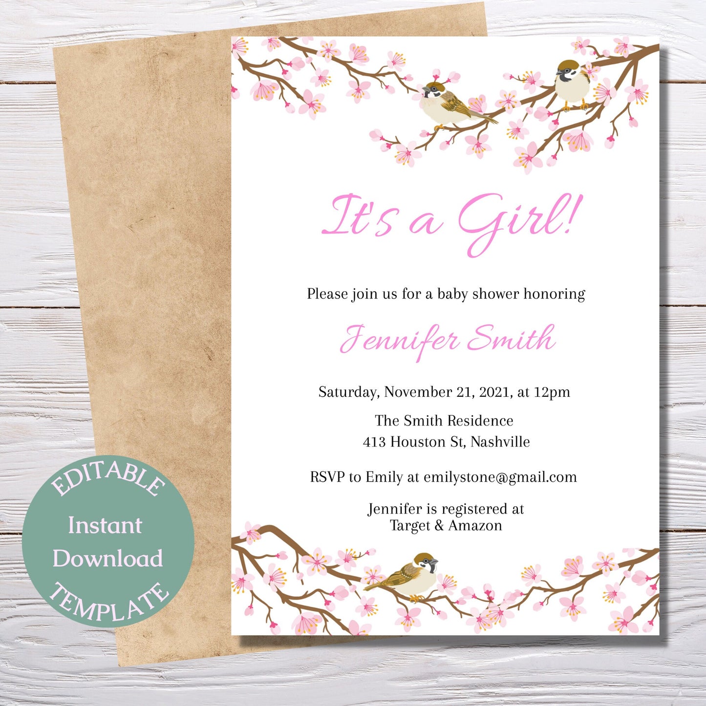 Cherry Blossom Baby Shower Invitation Template, Modern Girl Baby Shower Invite, Editable Template, Instant Download