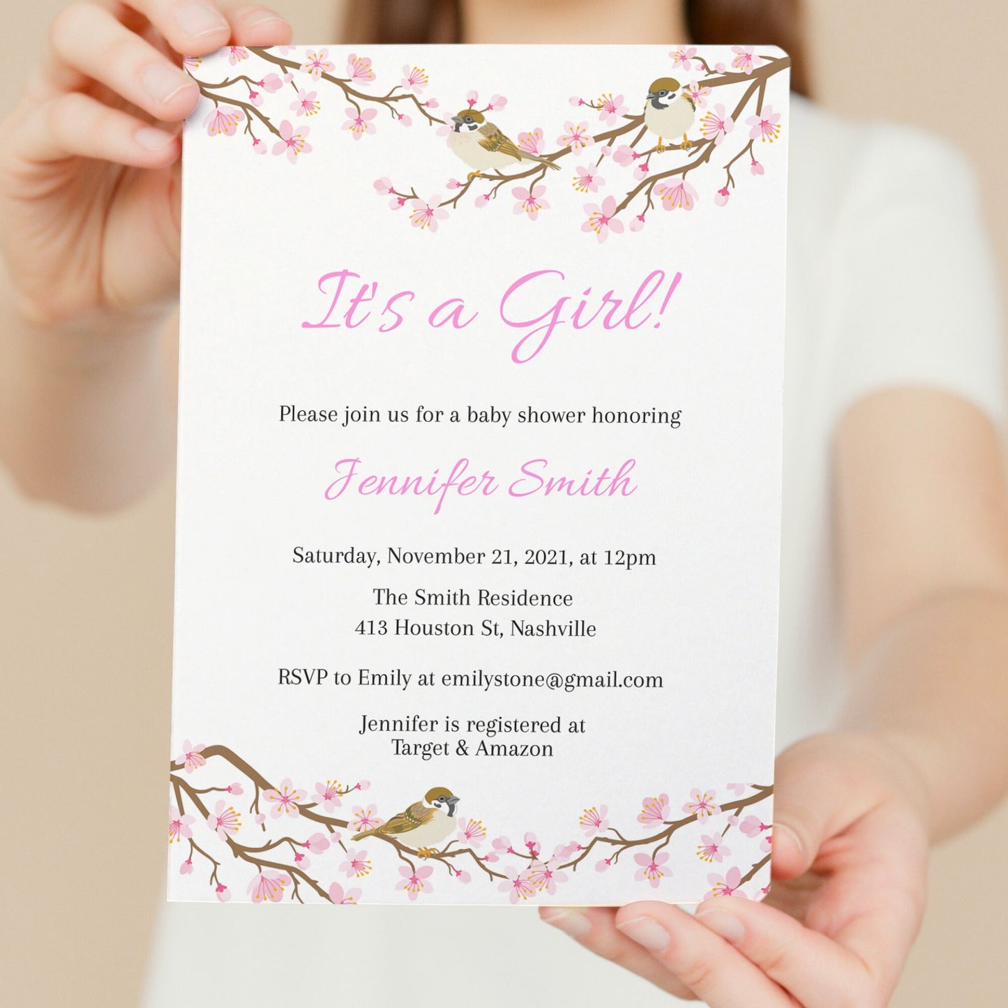 Cherry Blossom Baby Shower Invitation Template, Modern Girl Baby Shower Invite, Editable Template, Instant Download