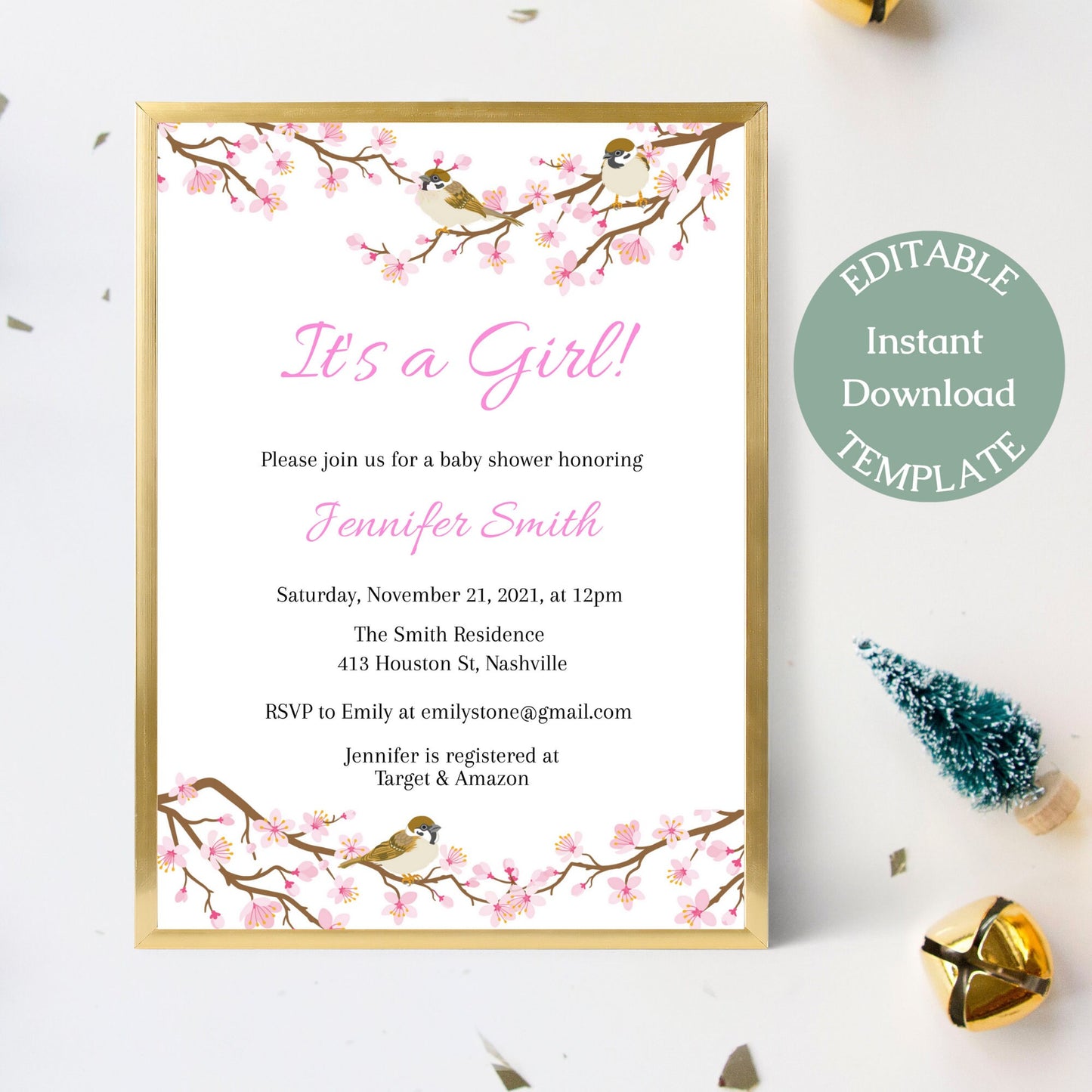 Cherry Blossom Baby Shower Invitation Template, Modern Girl Baby Shower Invite, Editable Template, Instant Download