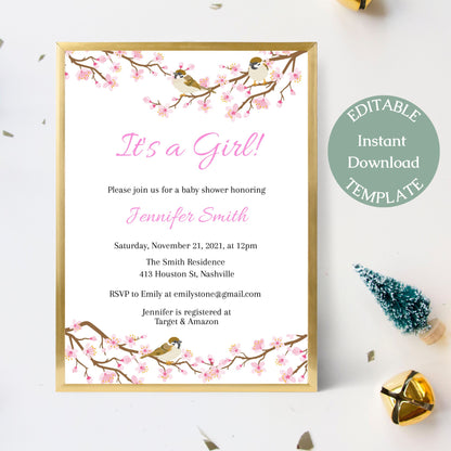 Cherry Blossom Baby Shower Invitation Template, Modern Girl Baby Shower Invite, Editable Template, Instant Download