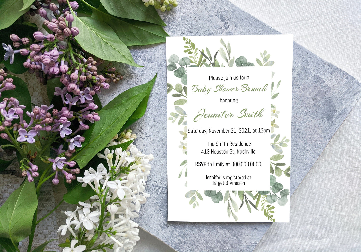 Greenery Baby Shower Invitation Template, Minimal Baby Shower Brunch Invite, Editable Template, Instant Download