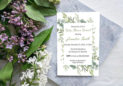 Greenery Baby Shower Invitation Template, Minimal Baby Shower Brunch Invite, Editable Template, Instant Download