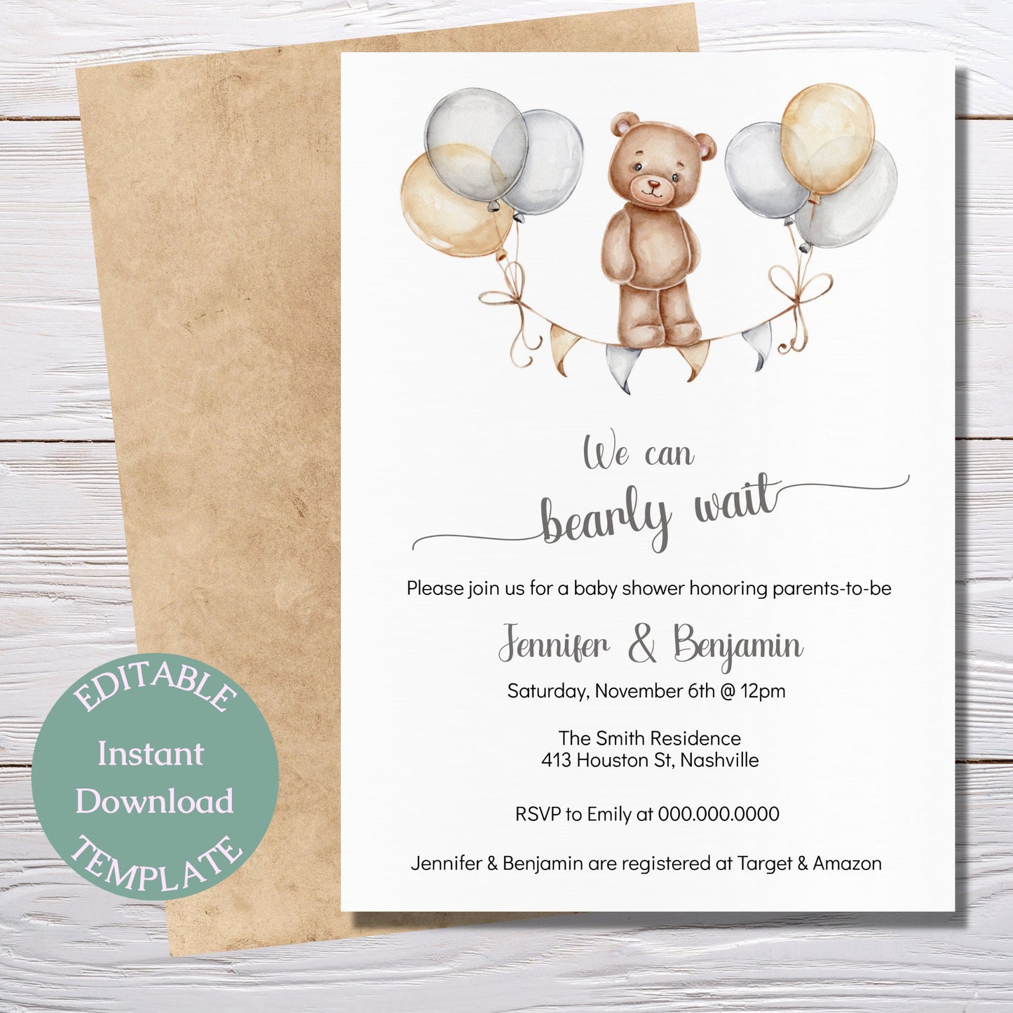 Bear Balloons Baby Shower Invitation Template, We Can Bearly Wait, Gender Neutral Baby Shower Invite, Editable Download