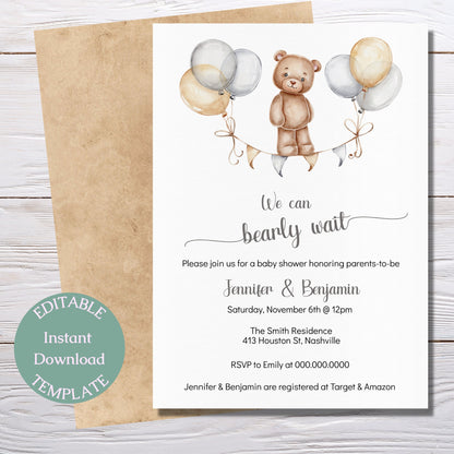 Bear Balloons Baby Shower Invitation Template, We Can Bearly Wait, Gender Neutral Baby Shower Invite, Editable Download