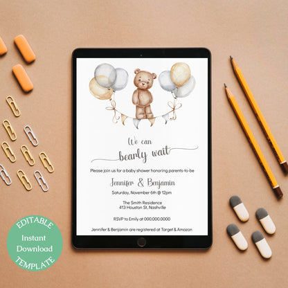 Bear Balloons Baby Shower Invitation Template, We Can Bearly Wait, Gender Neutral Baby Shower Invite, Editable Download