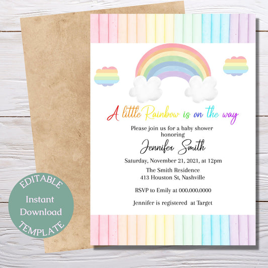 Rainbow Baby Shower Invitation Template, Happy Modern Baby Shower Theme, Editable Template, Instant Download