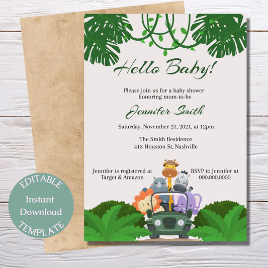 Safari Baby Shower Invitation Template, Modern Boy Baby Shower Invite, Editable Template, Instant Digital Download