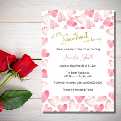 Valentine Baby Shower Invitation, Little Sweetheart Girl Baby Shower, Pink Hearts Invitation, Editable Digital Download