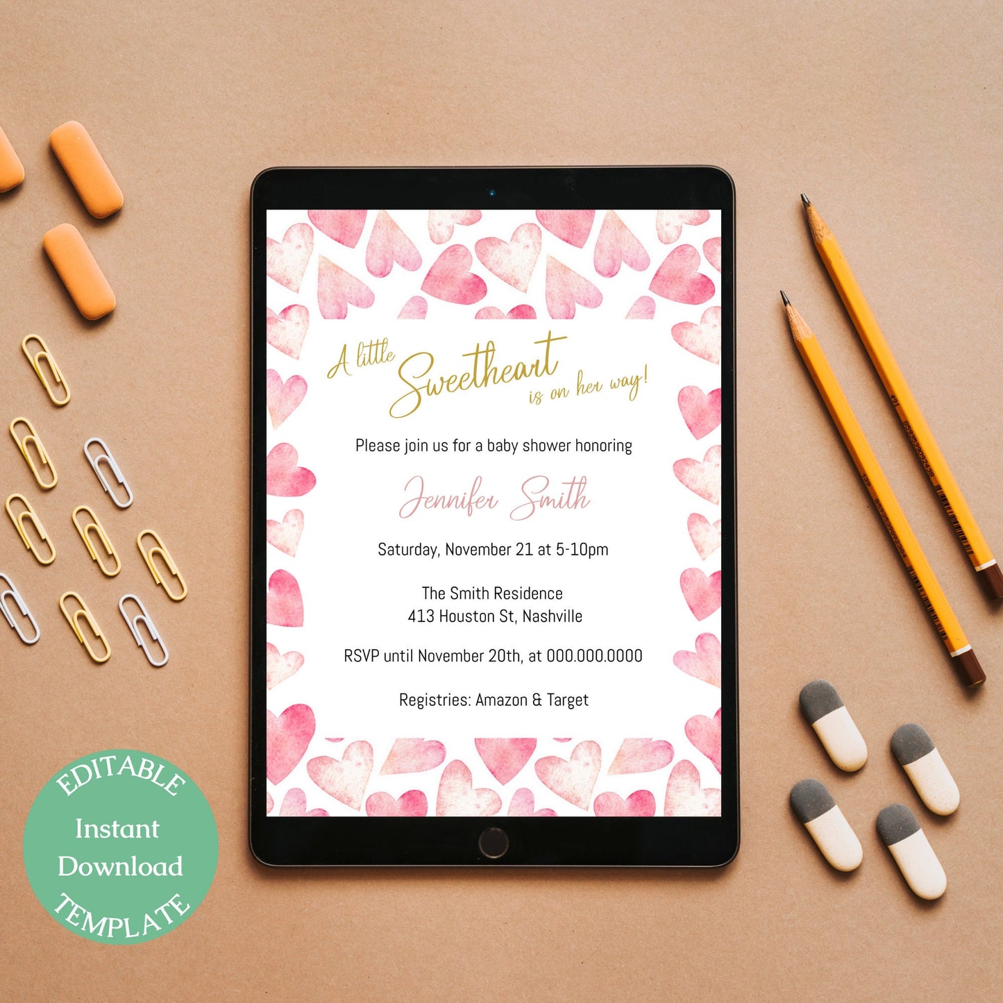 Valentine Baby Shower Invitation, Little Sweetheart Girl Baby Shower, Pink Hearts Invitation, Editable Digital Download