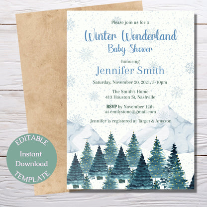 Winter Wonderland Baby Shower Invitation Template, Modern Boy Winter Baby Shower Invite, Editable Digital Download