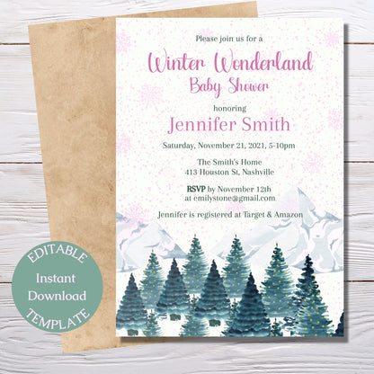 Winter Wonderland Baby Shower Invitation Template, Modern Girl Winter Baby Shower Invite, Editable Digital Download