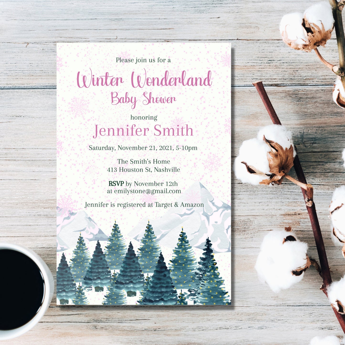 Winter Wonderland Baby Shower Invitation Template, Modern Girl Winter Baby Shower Invite, Editable Digital Download