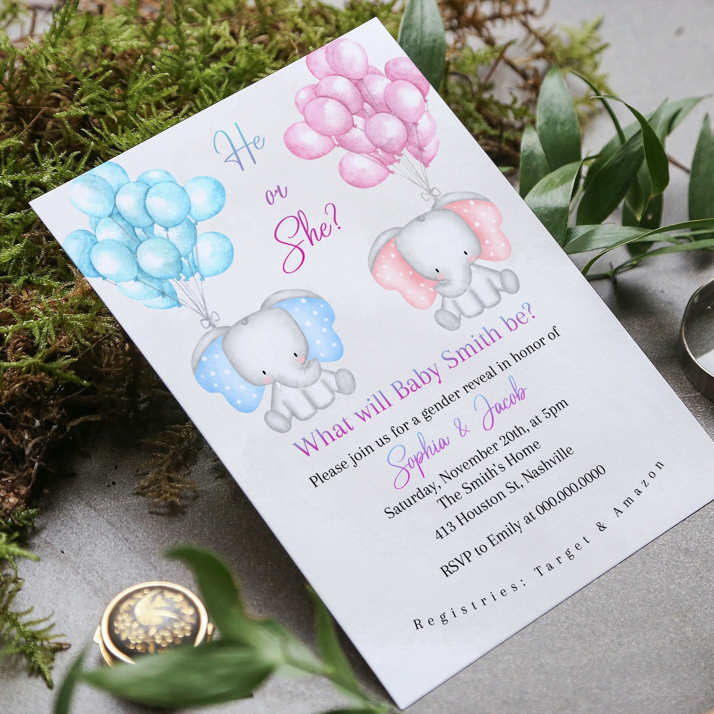 Gender Reveal Invitation Template, He or She Elephant Invite, Pink Blue Baby Shower, Editable Template, Digital Download