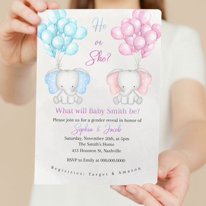 Gender Reveal Invitation Template, He or She Elephant Invite, Pink Blue Baby Shower, Editable Template, Digital Download