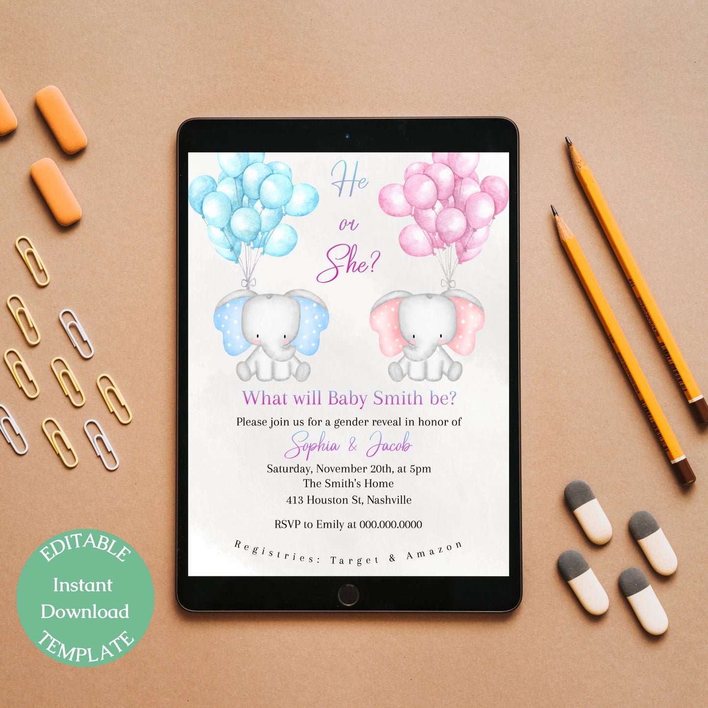 Gender Reveal Invitation Template, He or She Elephant Invite, Pink Blue Baby Shower, Editable Template, Digital Download