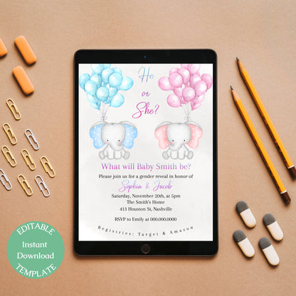 Gender Reveal Invitation Template, He or She Elephant Invite, Pink Blue Baby Shower, Editable Template, Digital Download