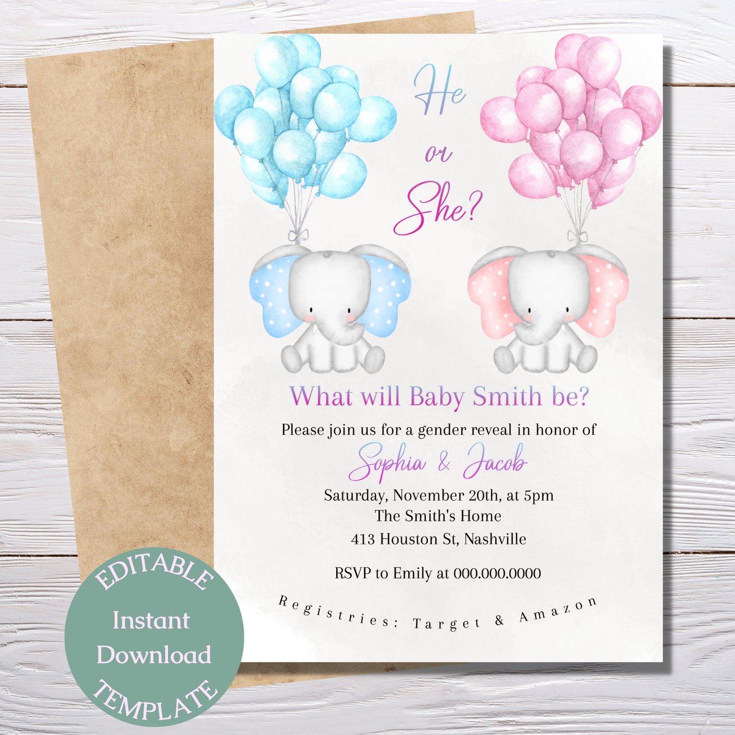 Gender Reveal Invitation Template, He or She Elephant Invite, Pink Blue Baby Shower, Editable Template, Digital Download