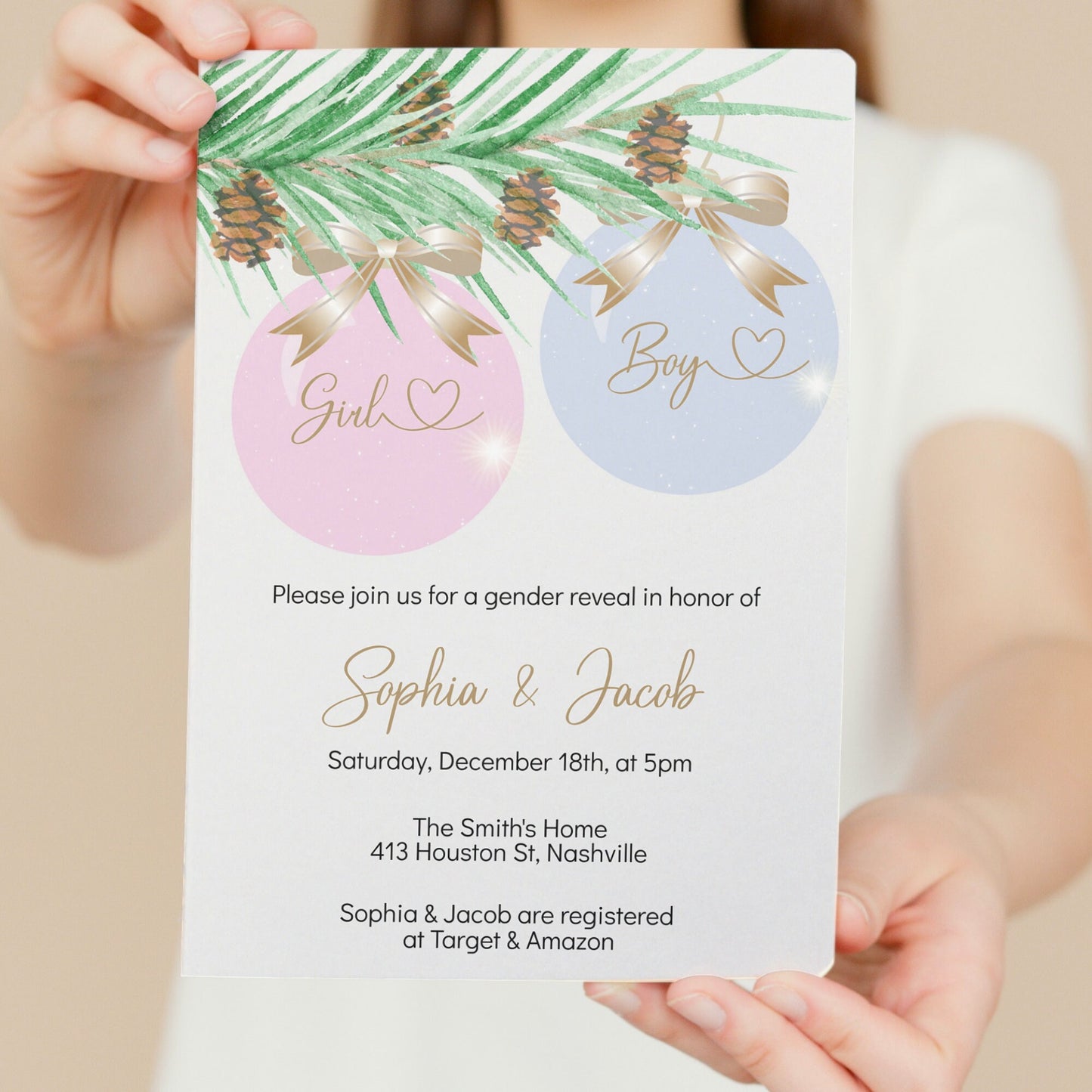 Gender Reveal Invitation Template, He or She Invite, Christmas Gender Reveal, Editable Template, Digital Download