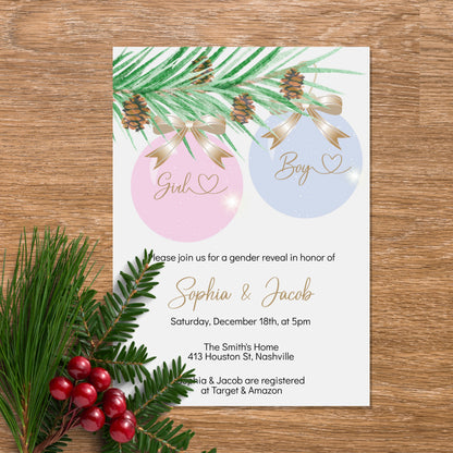 Gender Reveal Invitation Template, He or She Invite, Christmas Gender Reveal, Editable Template, Digital Download