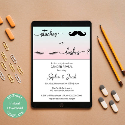 Gender Reveal Invitation Template, Staches or Lashes Invite, He or She Gender Reveal, Editable Digital Download