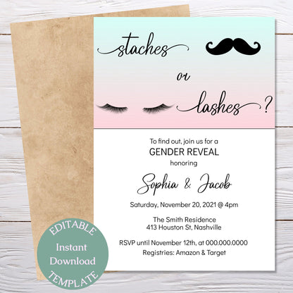 Gender Reveal Invitation Template, Staches or Lashes Invite, He or She Gender Reveal, Editable Digital Download