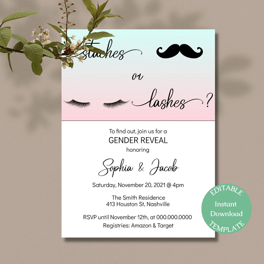 Gender Reveal Invitation Template, Staches or Lashes Invite, He or She Gender Reveal, Editable Digital Download