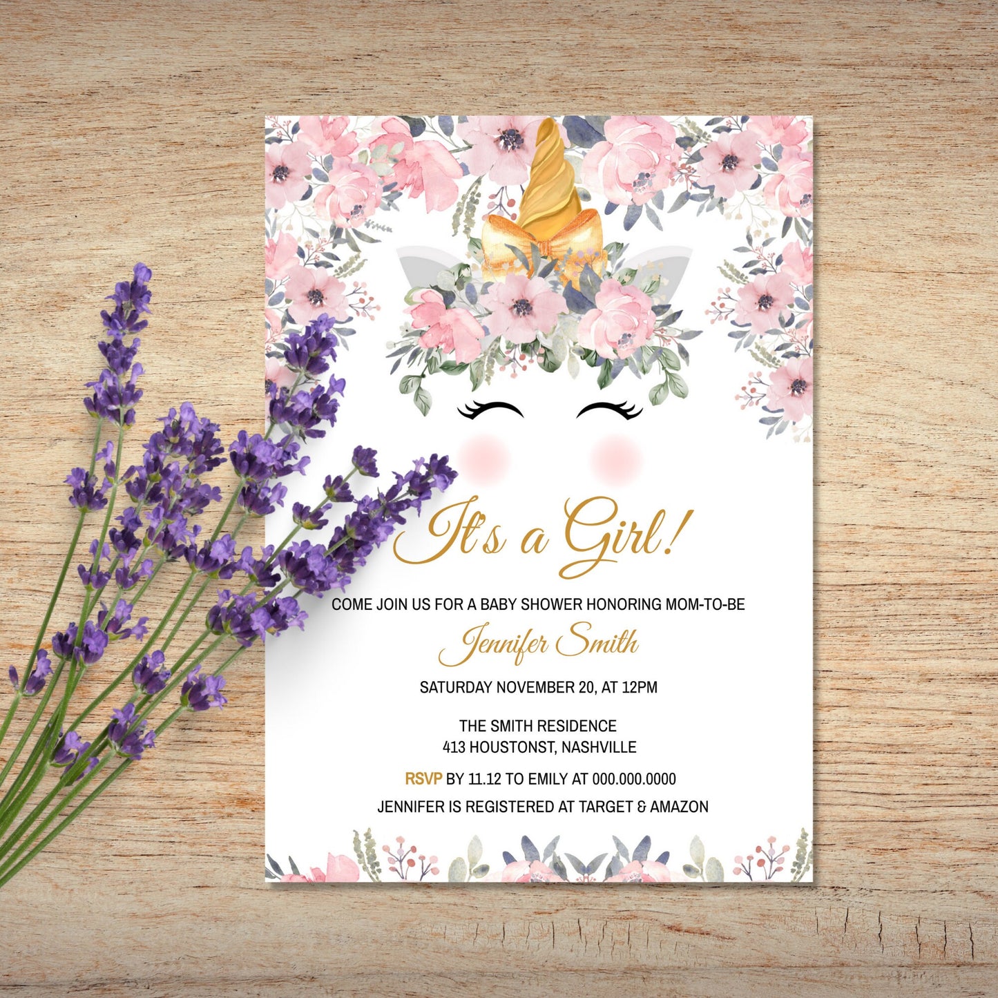 Floral Unicorn Baby Shower Invitation Template, Modern Girl Baby Shower Theme, Editable Template, Instant Download