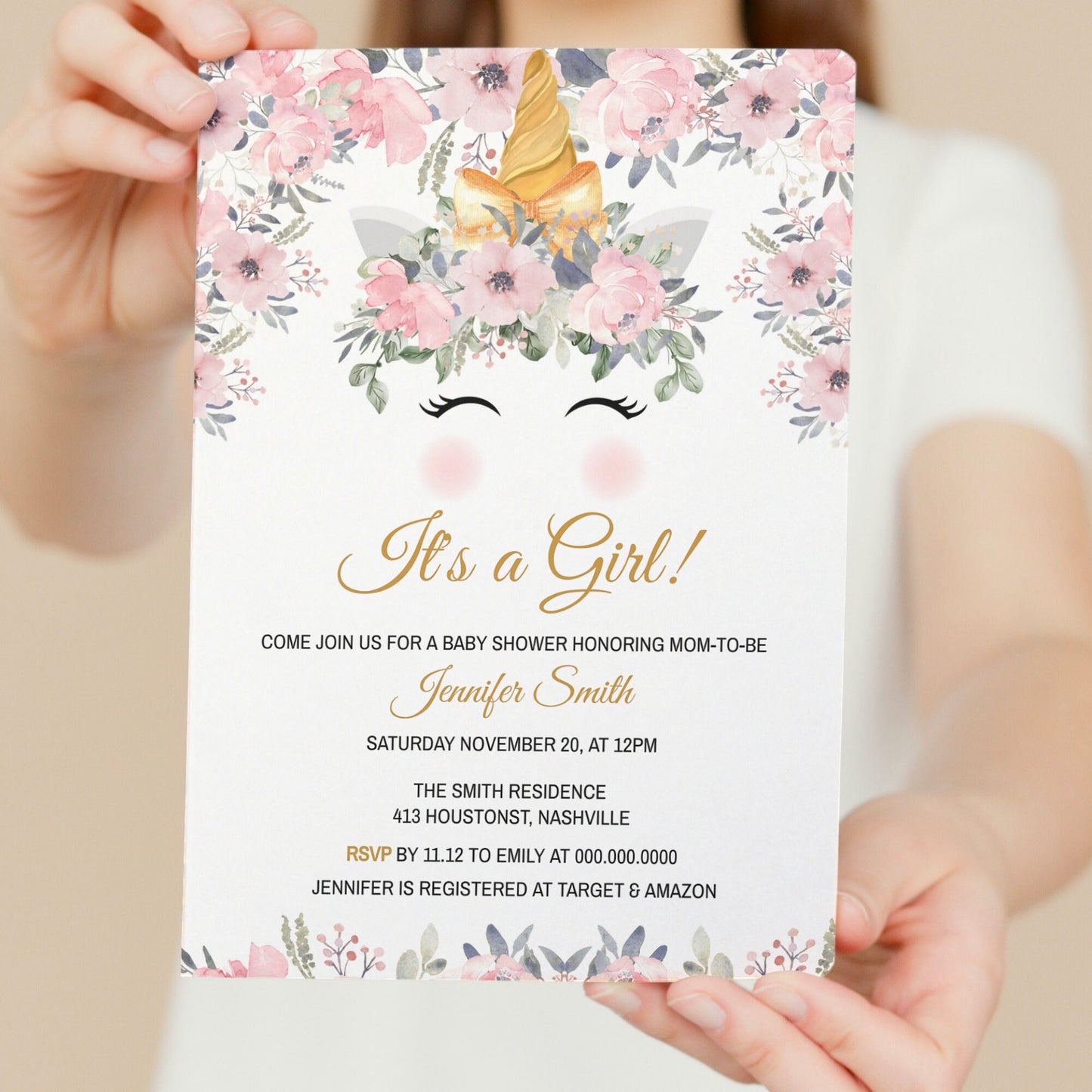 Floral Unicorn Baby Shower Invitation Template, Modern Girl Baby Shower Theme, Editable Template, Instant Download