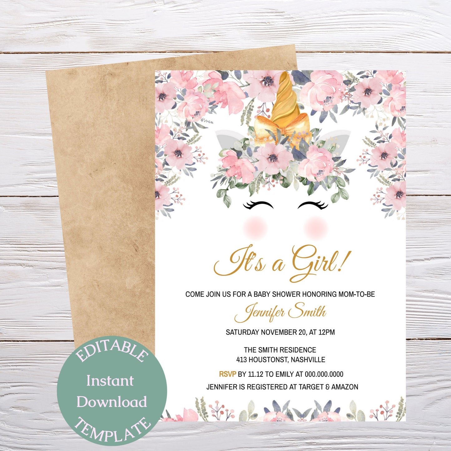 Floral Unicorn Baby Shower Invitation Template, Modern Girl Baby Shower Theme, Editable Template, Instant Download