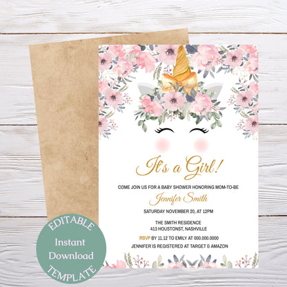 Floral Unicorn Baby Shower Invitation Template, Modern Girl Baby Shower Theme, Editable Template, Instant Download