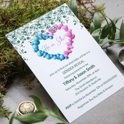 Gender Reveal Invitation Template, He or She Eucalyptus Invite, Greenery Gender Reveal, Editable Digital Download