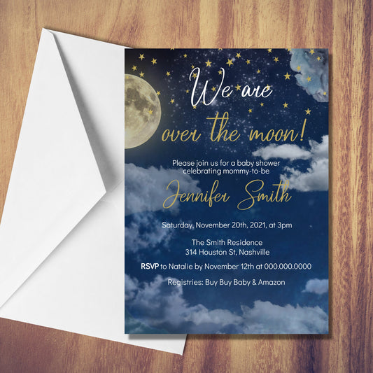 Over the Moon Baby Shower Invitation Template,  Sky Stars Baby Shower Printable Invitation, Editable Digital Download